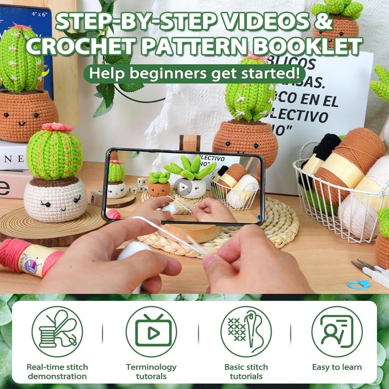 Crochetta Crochet Kit for Beginners - Crochet Starter Kit with Step-by-Step Video Tutorials, Learn to Crochet Kits for Adults, DIY Knitting Supplies, 4 Pack Plants(40%+ Yarn) - Image 2